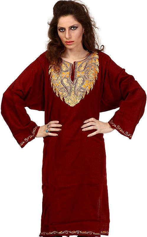 Oxblood-Red Kashmiri Phiran with Hand Embroidered Paisleys on Neck