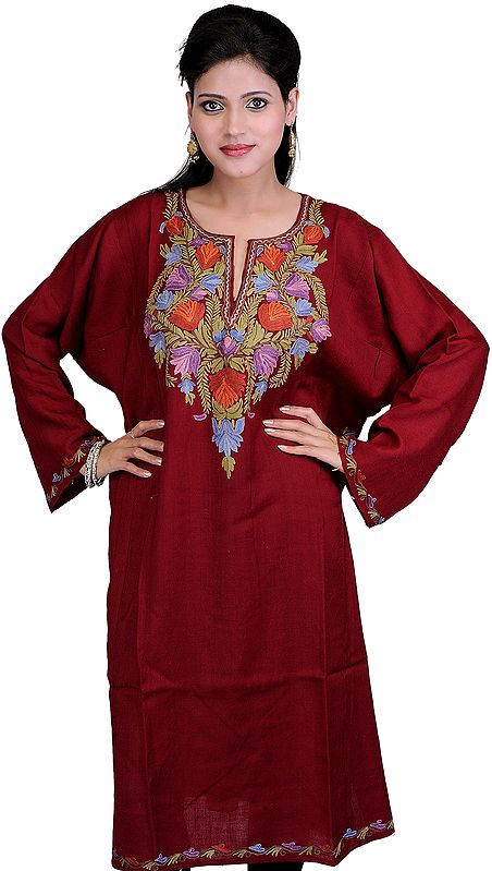 Oxblood-Red Kashmiri Phiran with Hand-Embroidery on Neck | Exotic India Art