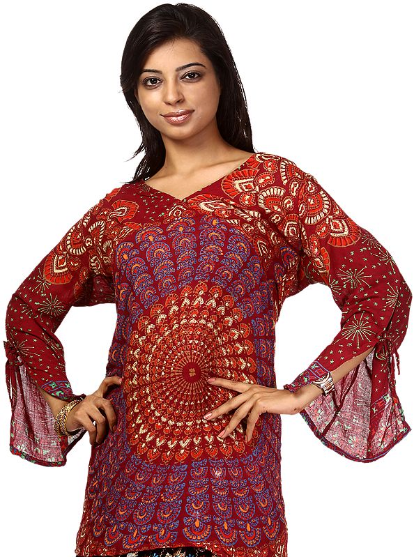 Oxblood-Red Kurti from Gujarat with Printed Floral Motiffs and Open Sleeves