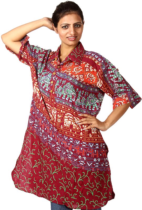 Oxblood-Red Kurti From Pilkhuwa with Printed Elephants