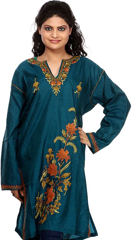 Pacific-Green Kashmiri Kurti with Aari Embroidered Flowers by Hand
