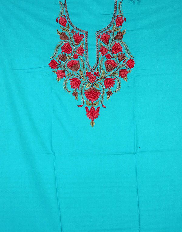 Pagoda-Blue Two-Piece Salwar Suit from Kashmir with Aari Embroidered Tulips