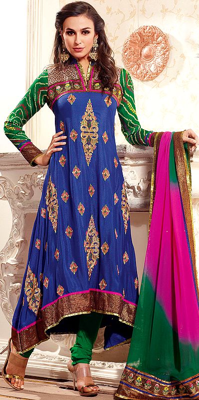 Palace-Blue Designer Long Choodidaar Kameez Suit with Metallic Thread Embroidery and Patch Border