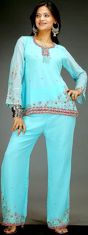 Pale Blue Parallel Suit with Beads and Threadwork