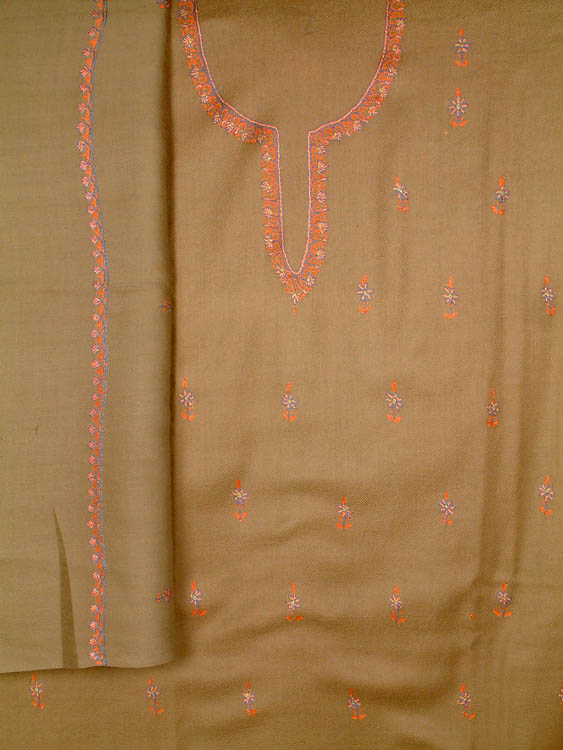 Pale Brown Hand-Embroidered Suit from Kashmir with Shawl