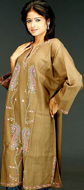 Pale Brown Kashmiri Phiran with Aari Embroidery