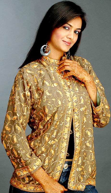 Pale Olive Jacket from Kashmir with All-Over Embroidery