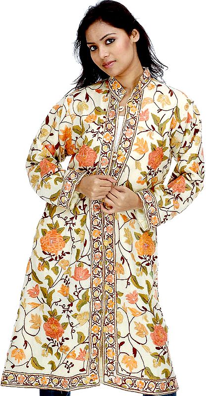 Pale Yellow Kashmiri Long Jacket with Large Flowers