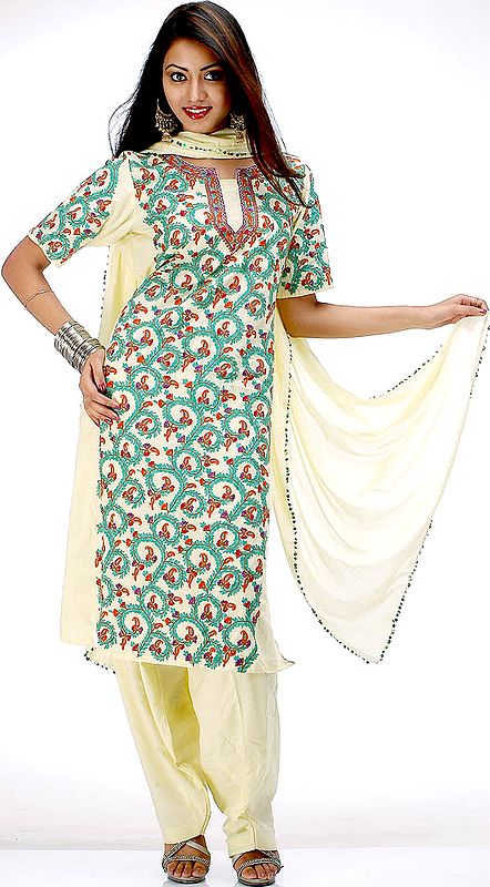 Pale Yellow Kashmiri Suit with Aari Embroidery