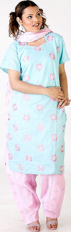 Pale-Blue and Pink Salwar Kameez with Floral Embroidery
