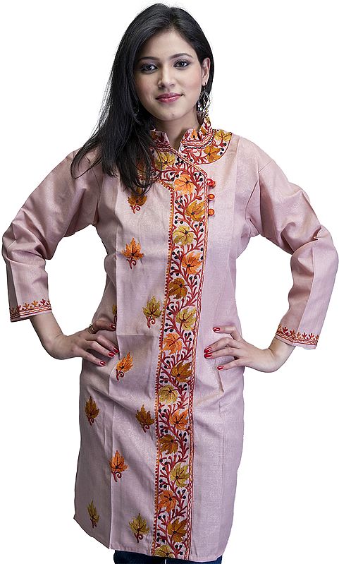 Pale-Blush Two-Piece Salwar Suit from Kashmir with Self Weave and Aari Embroidered Flowers