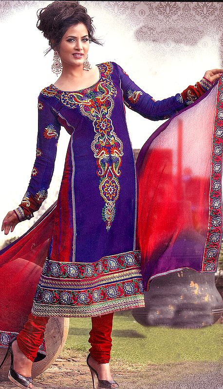 Pansy-Purple Choodidaar Kameez Suit with Embroidery on Neck and Floral Patch Border