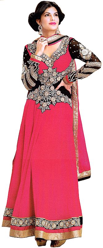 Paradise-Pink  Wedding Choodidaar Long Kameez Suit with Metallic Thread Embroiderd Flowers on Neck