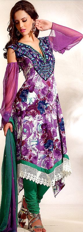 Passion-Purple Printed Choodidaar Kameez Suit with Embroidery on Neck and Crochet Border