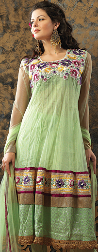 Pastel-Green Choododaar Kameez Suit with Crewel Embroidered Flowers on Neck and  Patchwork