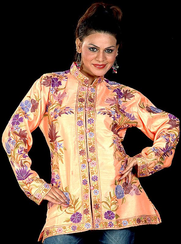 Pastel-Orange Jacket with Floral Aari Embroidery All-Over