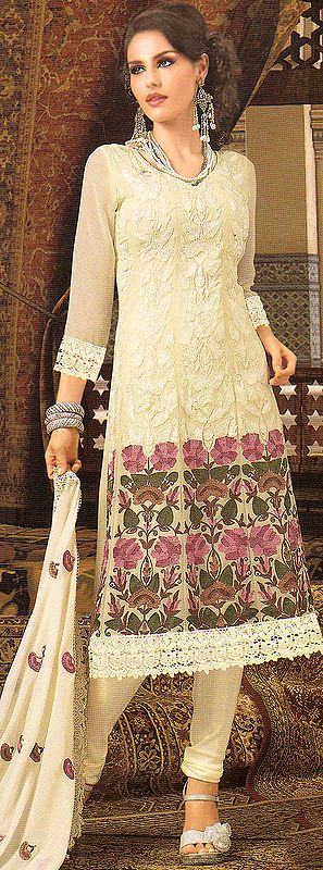 Pastel-Yellow Choodidaar Suit with Crochet Border and All-Over Woven Flowers