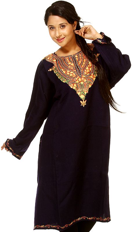 Patriot-Blue Kashmiri Phiran with Hand Embroidery on Neck