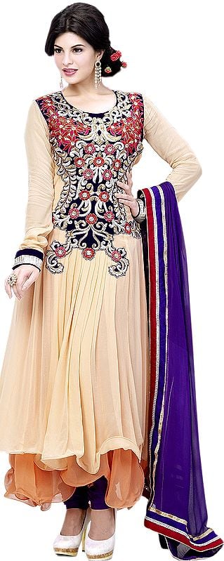 Peach Anarkali Layered Kameez Suit with Patch on Neck