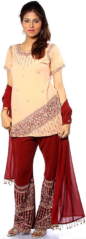 Peach and Maroon Parallel Suit with All-Over Beadwork