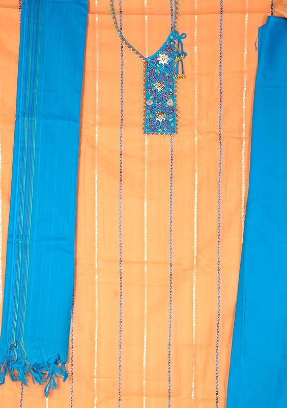 Peach and Turquoise South-Cotton Suit with Embroidery on Neck
