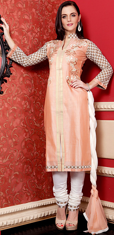 Peach & Beige Choodidaar Kameez Suit with Metallic Thread Embroidered Flowers and Golden Border