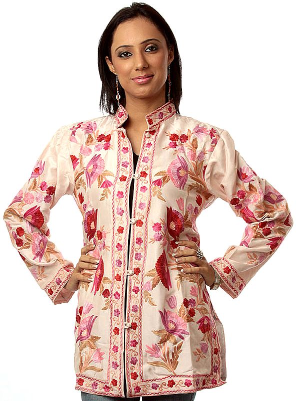 Peach Kashmiri Jacket with Aari Embroidered Flowers All-Over