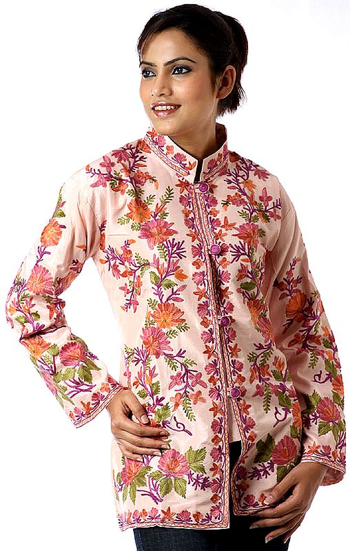 Peach Kashmiri Jacket with Floral Embroidery All-Over