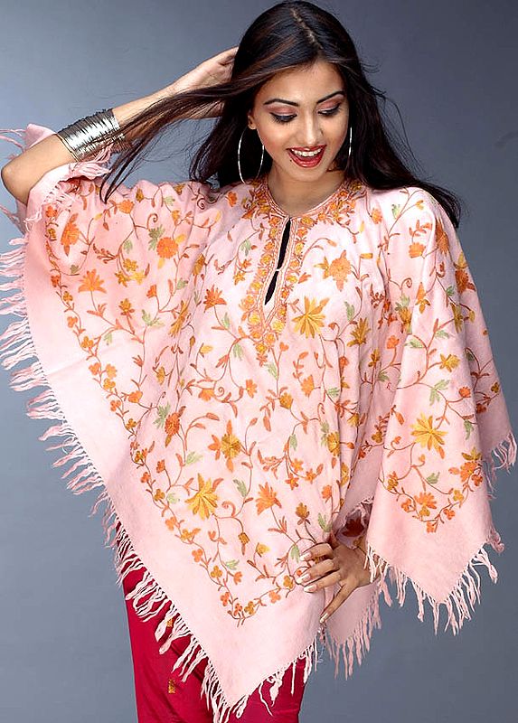 Peach Kashmiri Poncho with All-Over Embroidery