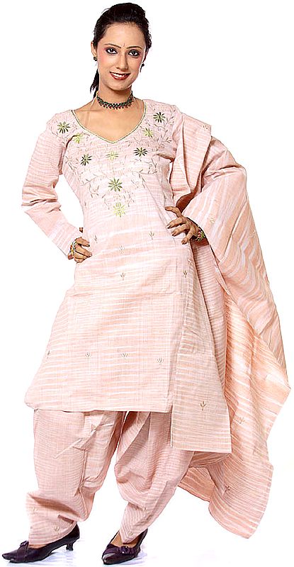 Peach Khadi Suit with Crewel Embroidery