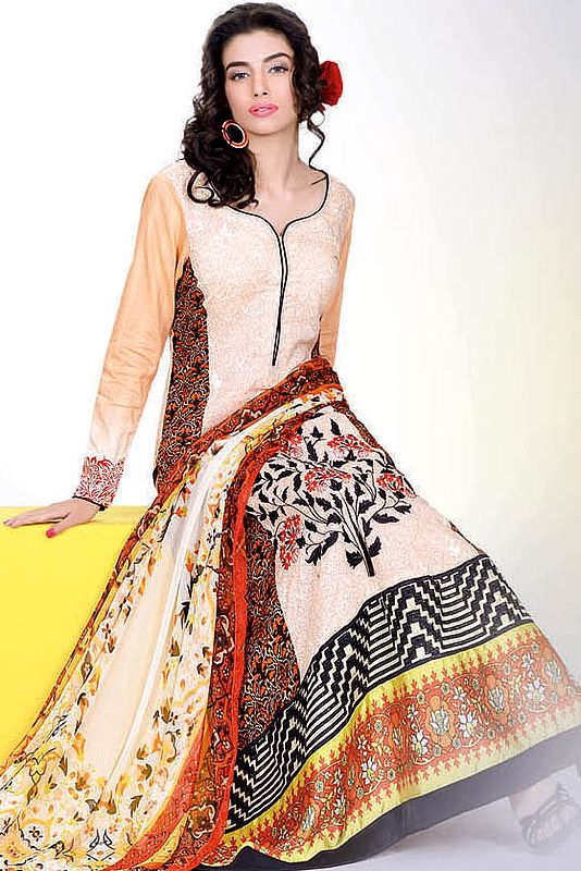 Peach Long Printed Salwar Kameez Suit from Pakistan with Silk Border and Embroidery