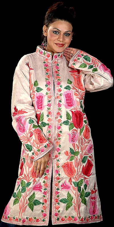 Peach Long Silk Jacket with Embroidered Tulips