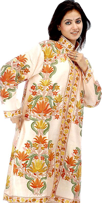 Peach Long Silk Jacket with Floral Embroidery