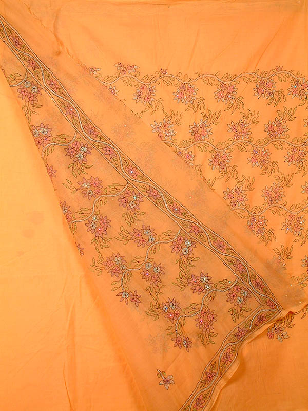 Peach Orange Suit with Kantha Floral Embroidery and Sequins