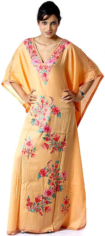 Peach Orange V-Neck Kaftan with Crewel Embroidery on Front