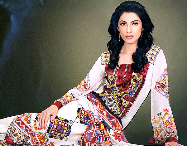 Peach Printed Long Choodidaar Kameez Suit from Pakistan with Embroidered Neck and Silk Border
