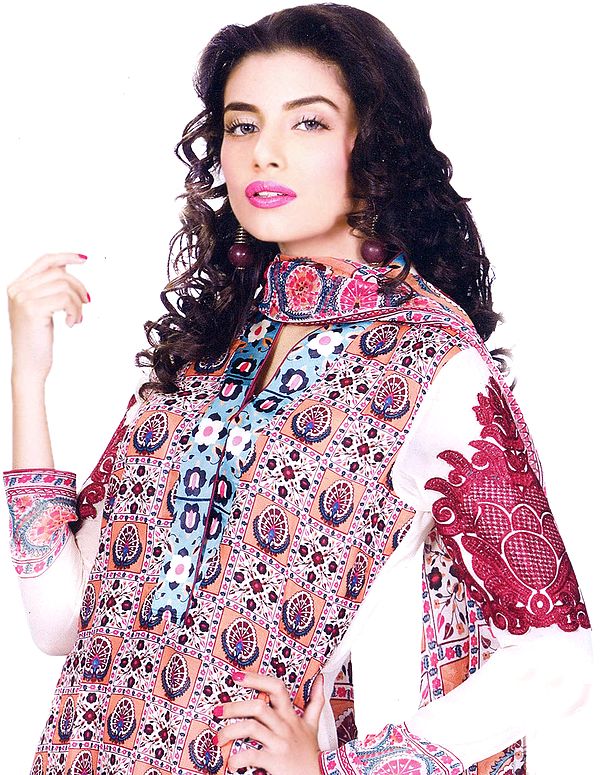 Peach Printed Long Salwar Kameez Suit from Pakistan with Embroidered Sleeves and Silk Border