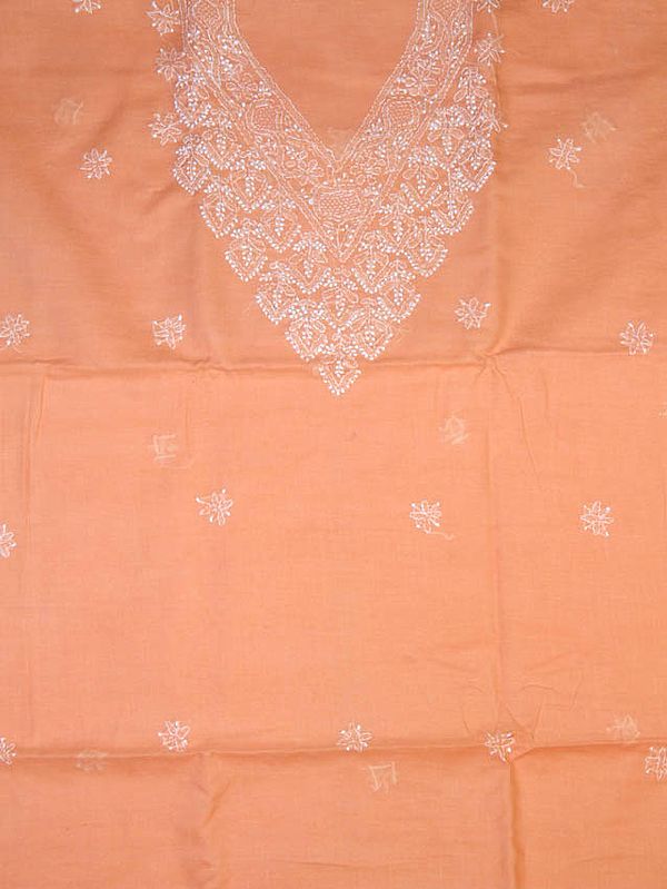 Peach Salwar Suit Fabric with All-Over Lukhnavi Chikan Embroidery