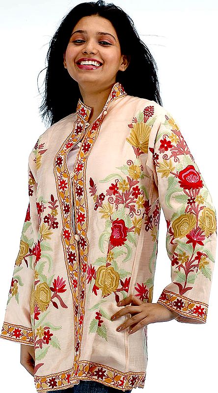 Peach Silk Jacket with Floral Embroidery