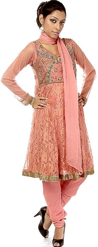 Peach-Blossom Anarkali Suit with Antique Beadwork and Sequins