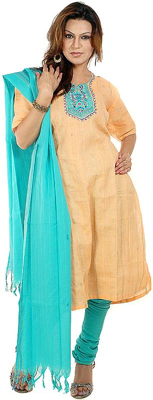 Peach-Orange and Green Choodidaar Suit with Embroidery