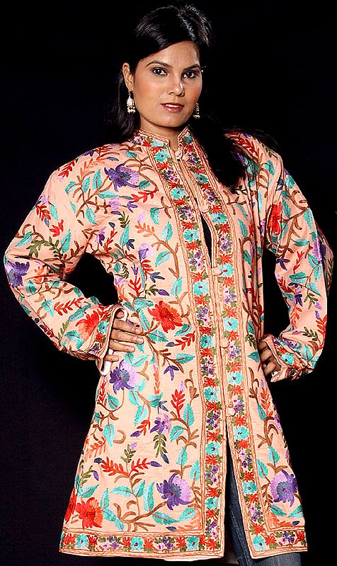 Peach-Orange Long Silk Jacket with Floral Aari Embroidery