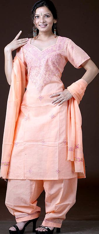 Peach-Orange Salwar Kameez with All-Over Lukhnavi Chikan Embroidery