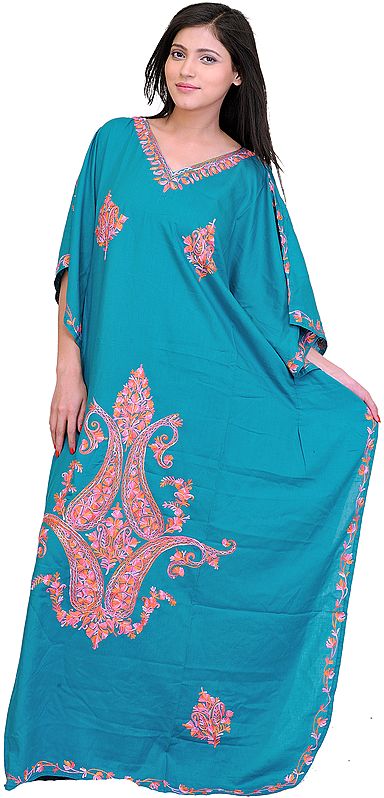 Peacock-Blue Kashmiri Kaftan with Aari Embroidery