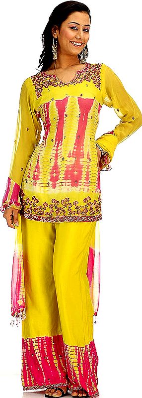 Pear and Fuchsia Parallel Batik Shaded Suit with Threadwork and Beads