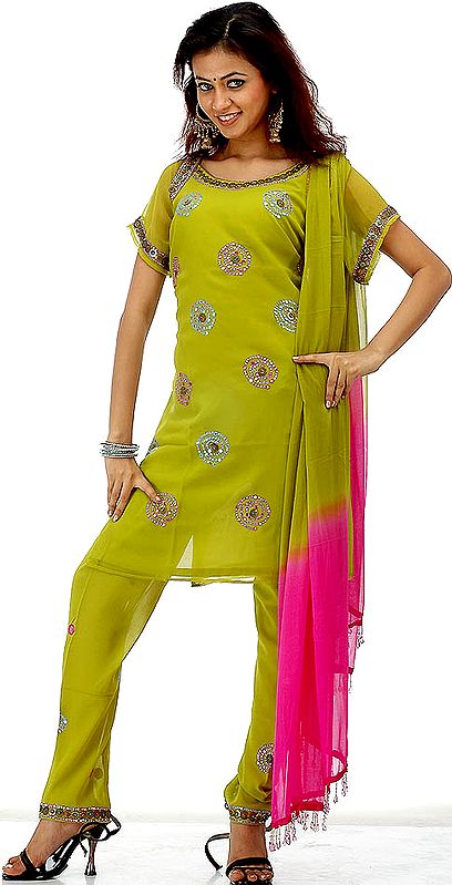 Pear Green Choodidaar Suit with Mirrors and Brass Beads
