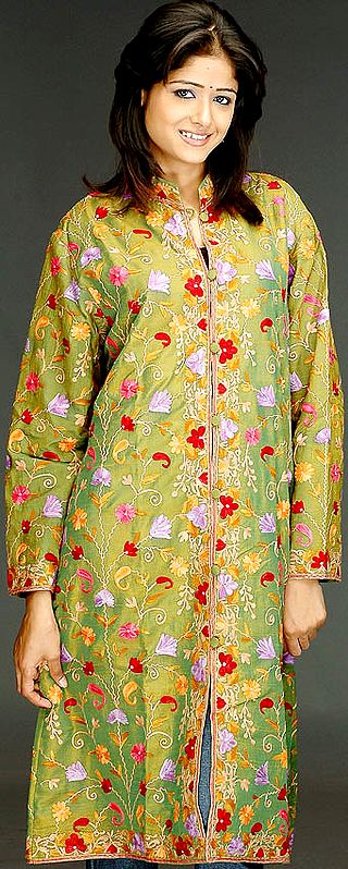 Pear Green Long Silk Jacket with Aari Embroidery