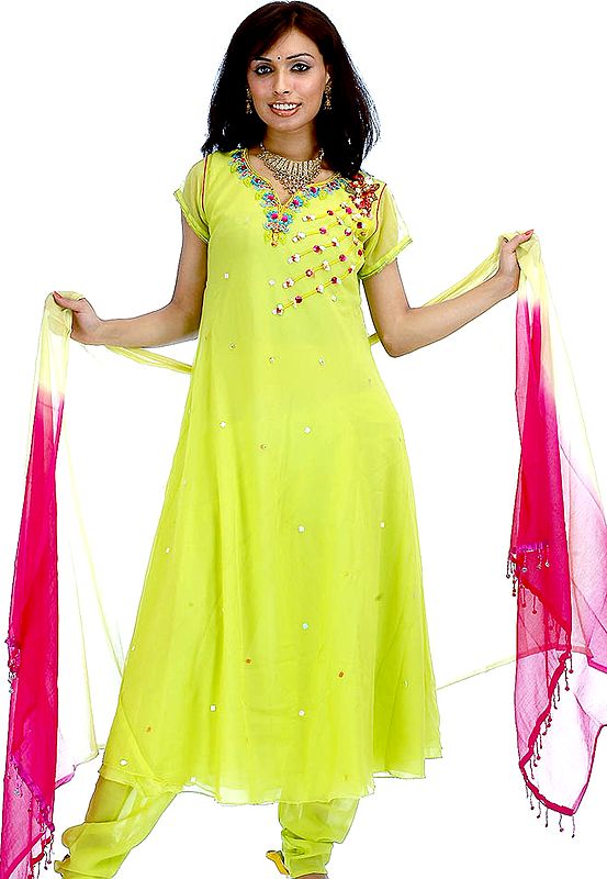 Pear-Green A-Line Salwar Kameez with Beads and Crystals