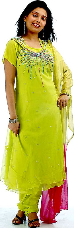 Pear-Green A-Line Salwar Kameez with Sequins and Threadwork