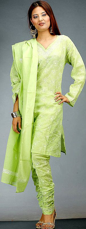 Pear-Green Choodidaar Chikan Suit from Lucknow with Sequins